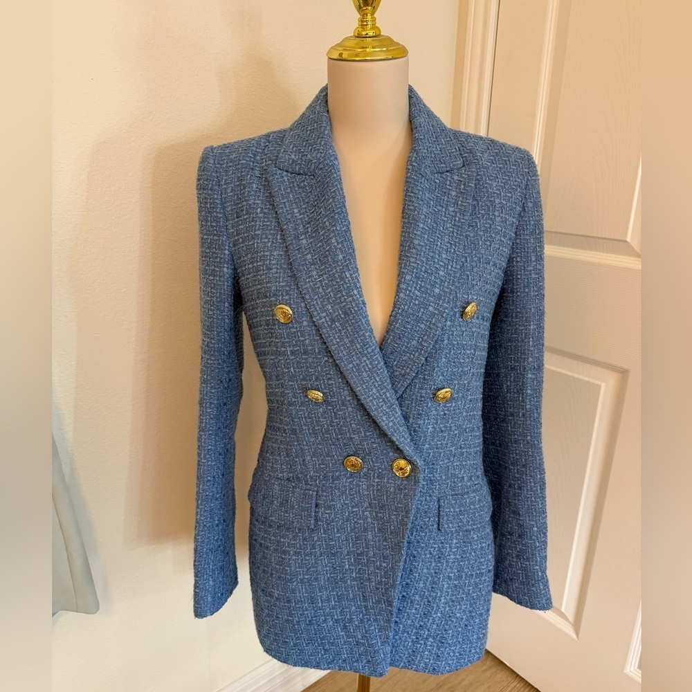 💙🦋Zara Blue Tweed Long Fitted Double Breasted Blazer Size Small🦋💙 - Picture 3 of 8